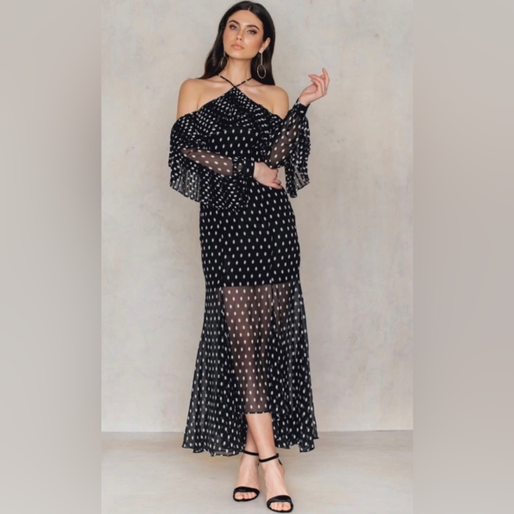 KEEPSAKE THE LABEL Don't Wait Maxi Dress Polka Dot Spot Print Black